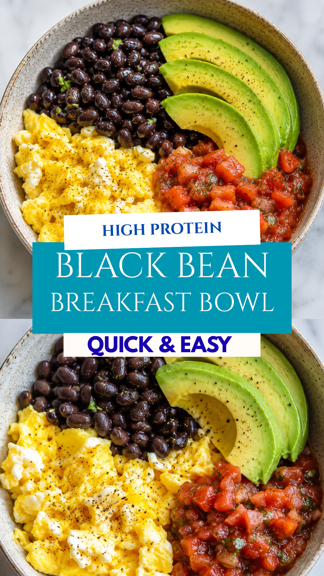 This Black Bean Breakfast Bowl is a quick, healthy, high protein breakfast packed with eggs, black beans, avocado, and salsa. Perfect for meal prep, weight loss, and busy mornings.